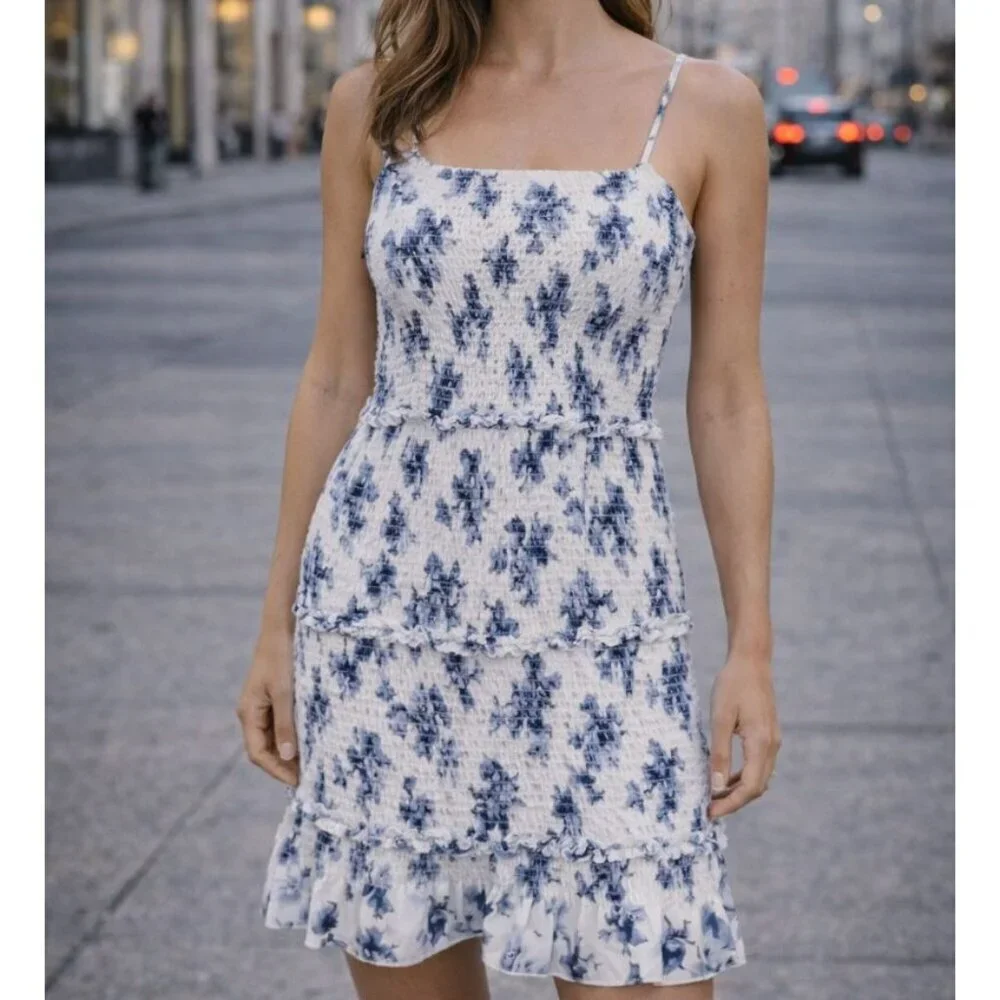 NWT Abercrombie & Fitch Smoked Floral Mini Dress XXLT Ivory Blue